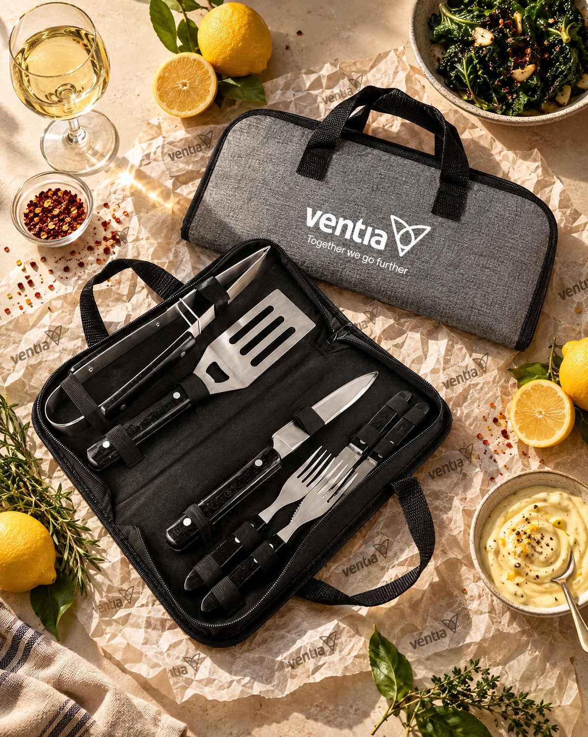 A Ventia 6-piece outdoor kitchen utensil set displayed open in a black carrying case, with the matching gray carrying case placed behind it on a styled picnic-style surface with lemons, herbs, and condiments.