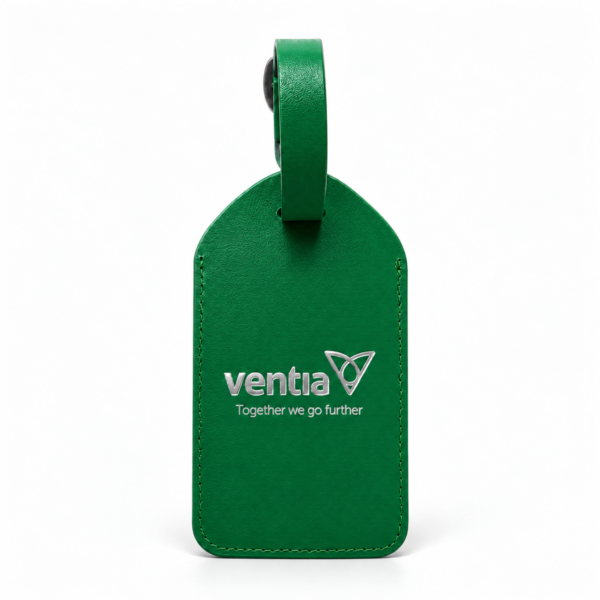 A green leather luggage tag with a matching leather loop handle, featuring the white printed 'ventia' logo and the slogan 'Together we go further' on a clean white background.